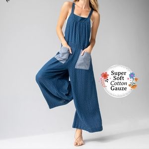 Dakota tie gauze overalls. Navy dot